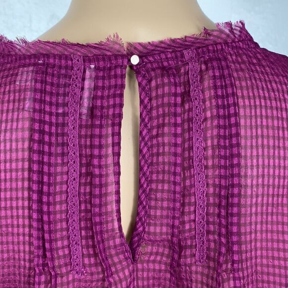 HD In Paris Anthropologie Thistleberry Ruffle Semi-Sheer Blouse in Magenta sz 2 - Picture 8 of 13